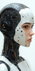 Cyborg face featuring mechanical components and organic human-like skin in a futuristic fusion, creating a striking profile view