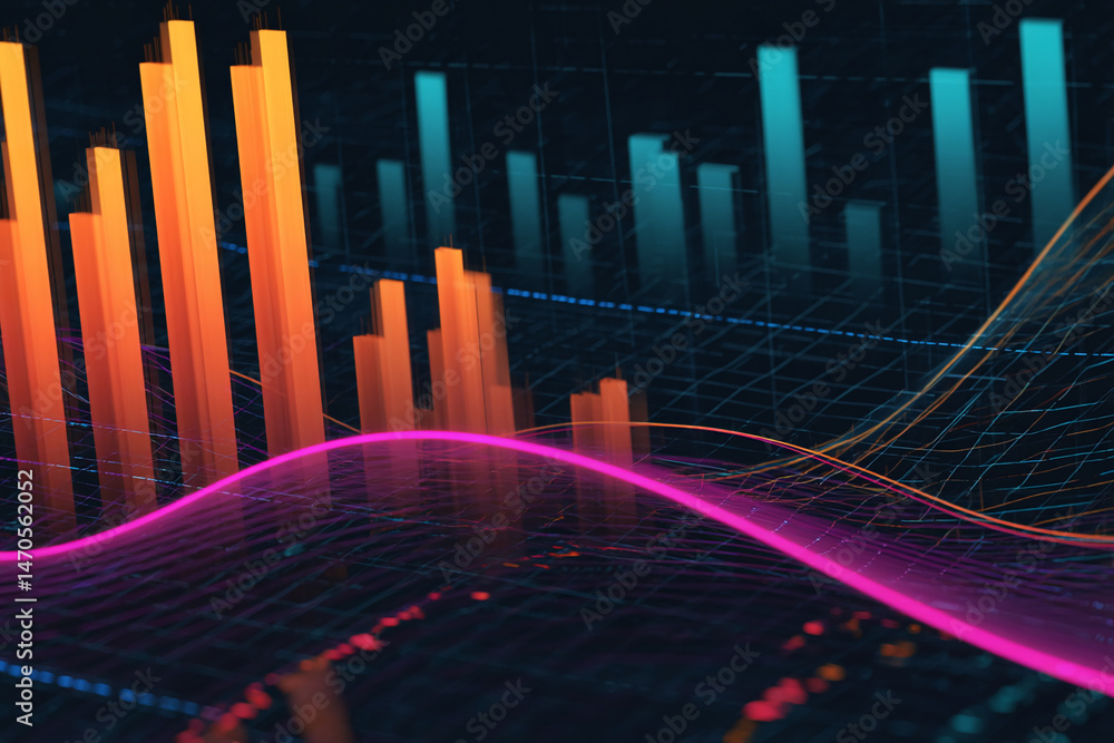 Poster abstract 3d rendering of glowing orange and teal bar charts and pink curves on a dark grid backgroun