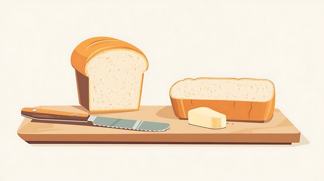 bread loaf, butter, knife on wooden board clip art preview