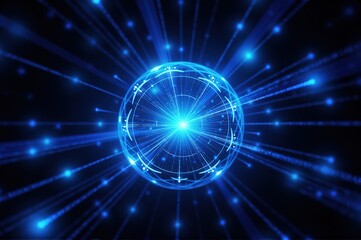 A glowing blue technological sphere with lines and light points radiating outward, perfect for technology - related concepts, digital interfaces, and futuristic designs.