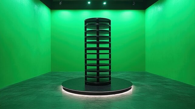 Rotating display stand in green room; product showcase