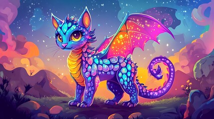 Colorful fantasy cat dragon illustration