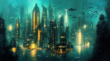 Fototapeta premium Neon lit underwater city glowing skyscrapers schools of fish swimming through the streets cinematic deep sea future