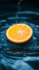 Half orange floating on water with droplets falling, creating ripples. Fresh and vibrant citrus fruit in a minimal, refreshing concept with dark blue background.