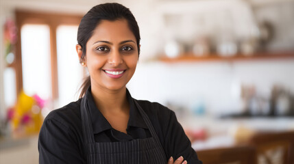 Smiling young asian female chef in modern kitchen setting