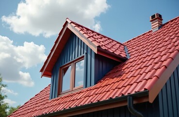 Red tile roof house under blue sky with white clouds. Dark blue wooden facade, windows. Modern architecture, home building, construction. Exterior design, roofing, residential property, real estate.