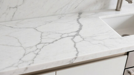 Close up of a luxurious white marble kitchen countertop showing detailed veining