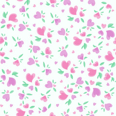 Heart and leaves seamless pattern. Repeated hearts hand drawn. Cute wallpaper. Endless romantic print. Vector illustration. Valentine day background. Love backdrop for packing paper or textile design.