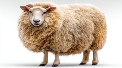 Fototapeta premium A fluffy sheep standing proudly in front of a white background, isolated on background