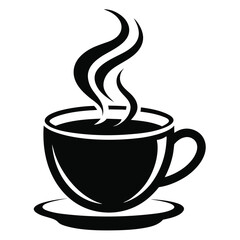 Black cup of hot beverage releases curling vapor streams on a white background