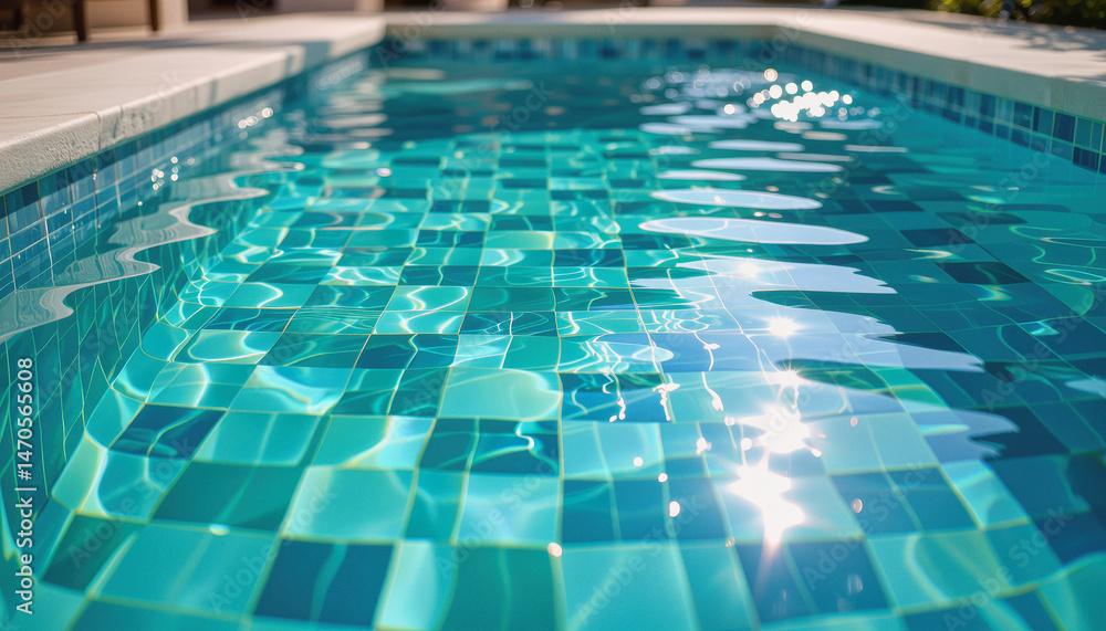 Poster a close-up shot showcases a shimmering turquoise tiled swimming pool reflecting sunlight, creating a