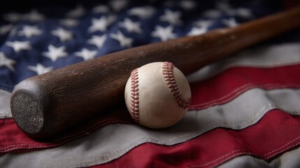 4th of july celebration baseball bat and ball on american flag background for festivities