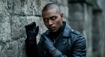 Obraz premium Mysterious young african male with glowing eyes in black leather jacket and gloves