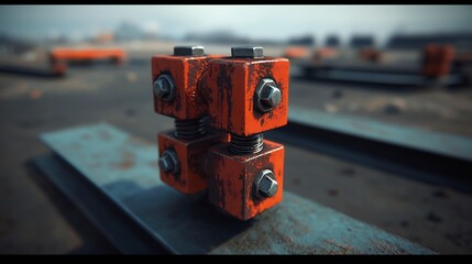 Fototapeta premium Rusty orange metal blocks bolted together on metal beams
