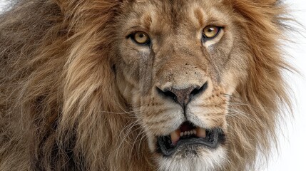 Close-up of a lion is fierce face, capturing the power and majesty of the wild, isolated on white background