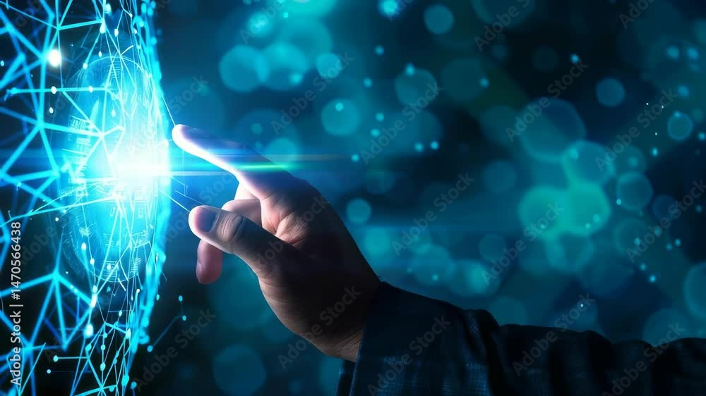 Aufkleber A hand touches a complex, glowing blue digital interface with connecting lines and circles, set against a bokeh background. The image evokes concepts of future technology and interconnected systems.