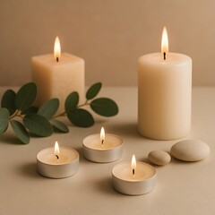 Peaceful Candlelight Arrangement with Eucalyptus Leaves