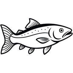 Simple black outline of a fish with spots is isolated against a white background