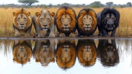 Five majestic male lions stand in a row at a watering hole, their reflections mirrored perfectly in the still water.  The scene showcases their impressive manes and powerful presence