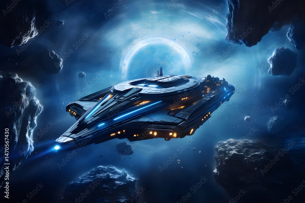 Poster 宇宙船が隕石のフィールドをナビゲートするデジタルイラストレーション 夜空を背景に未来的な宇宙船の探検とテクノロジーを表現