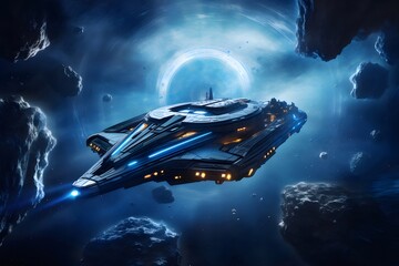 宇宙船が隕石のフィールドをナビゲートするデジタルイラストレーション 夜空を背景に未来的な宇宙船の探検とテクノロジーを表現