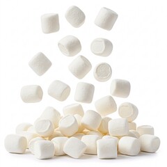 Falling mini marshmallows, sweet treat, confectionery, sugary snack, fluffy texture.