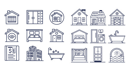 Real estate line icons, such as house, kitchen, bedroom, bathroom and more. Editable stroke. 
