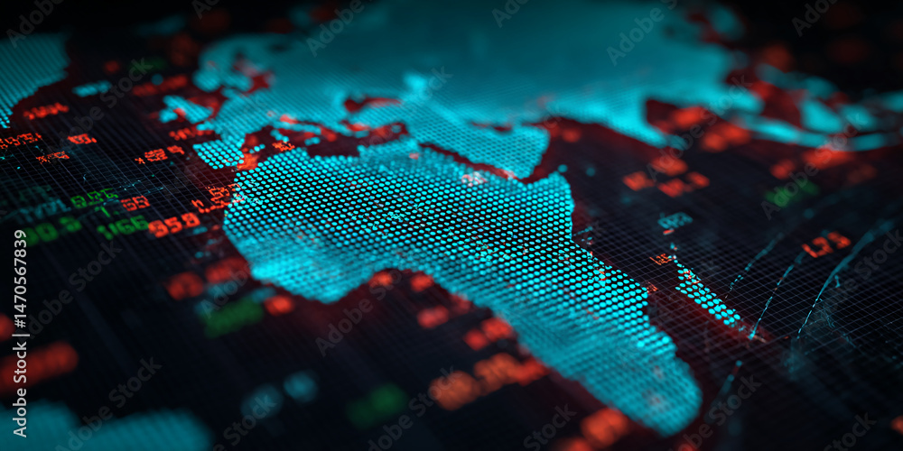 Poster close-up of a digital world map with glowing blue dots superimposed on red and green data points, sy