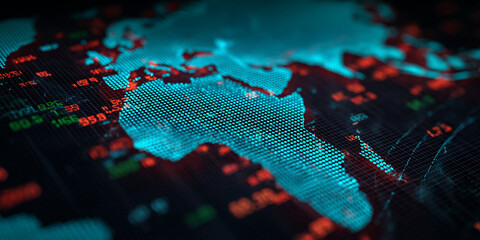 Close-up of a digital world map with glowing blue dots superimposed on red and green data points, symbolizing global connectivity and financial data visualization