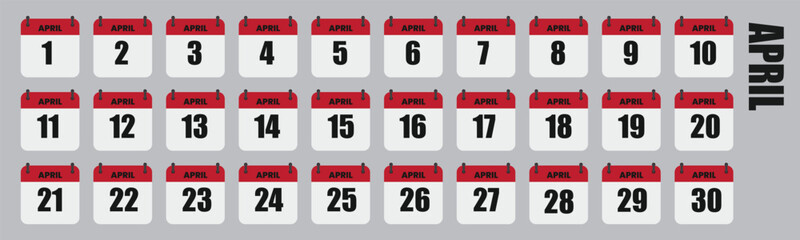 Fototapeta premium April Calendar Days Full Month Set, Dates 1st to 30th Vector Illustration
