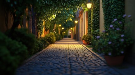 Fototapeta premium Cobblestone alley, evening light, plants, romantic ambiance, travel