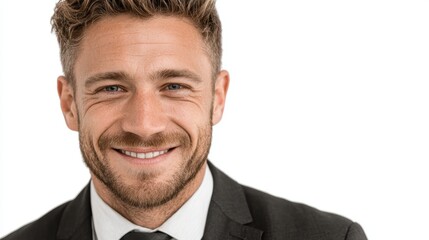A handsome businessman in a suit, smiling confidently, isolated on white background
