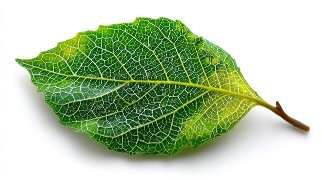 A green leaf with intricate veins, captured in close-up, isolated on white background