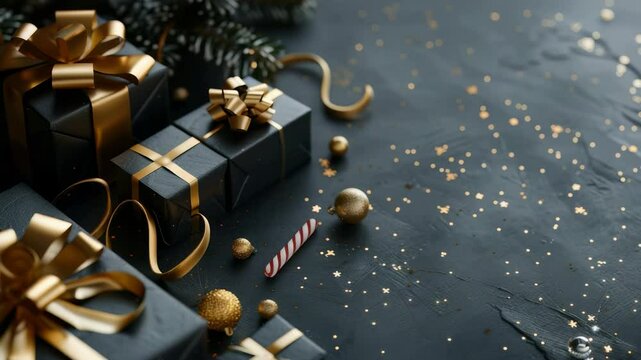 A stylish Christmas still life featuring matte black gift boxes adorned with golden ribbons, set against a textured background with festive gold confetti, ornaments, and a candy cane.