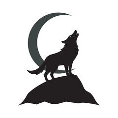 Cute wolf pup howling at moon silhouette