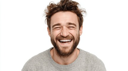 Obraz premium A happy man laughing joyfully, radiating positive energy, isolated on white background