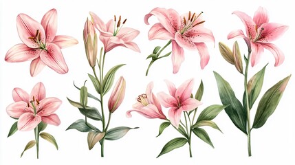 Elegant Pink Lilies Set on White Background for Floral Designs and Decor