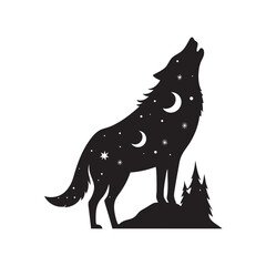 Double exposure wolf night moon silhouette