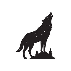 Wolf with moon double exposure silhouette