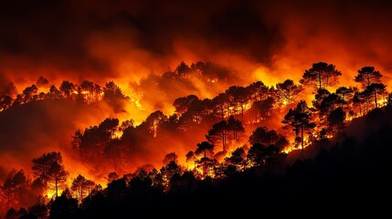 Fiery forest fire inferno burning intensely at night dramatic hillside blaze wildfire disaster red