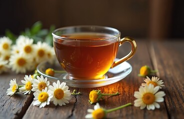 Brewed chamomile tea in glass cup on wooden table with flowers. Chamomile daisy tea served for relaxation. Wellness tea herbal drink good for health, stress relief. Enjoy moment with herbal beverage.
