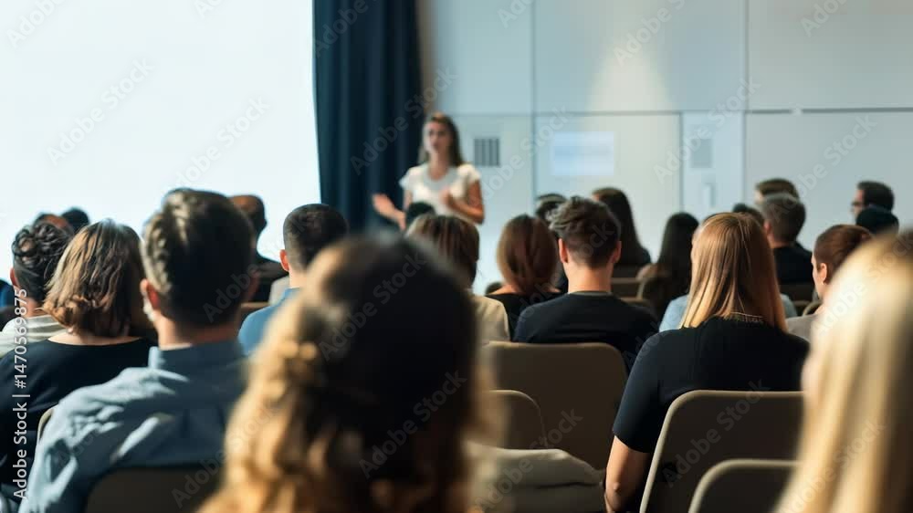 Aufkleber Attendees seated in an auditorium focus on a speaker in the background. The image captures the essence of learning and engagement during a seminar or lecture in a dimly lit setting.