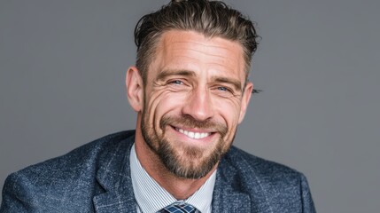 Obraz premium Portrait of a smiling manager businessman in a suit, showing leadership and success, isolated on background