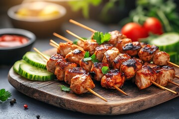 Closeup of Delicious Chicken Satay Skewers on Wooden Board