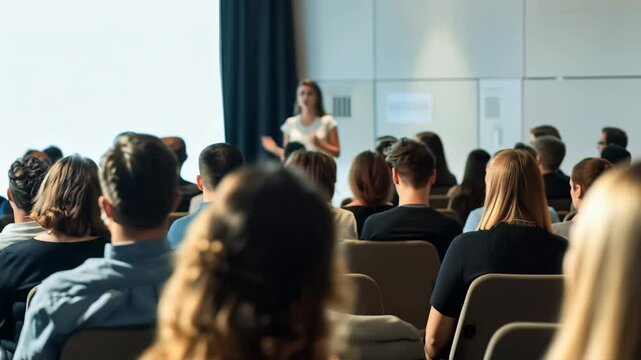 Attendees seated in an auditorium focus on a speaker in the background. The image captures the essence of learning and engagement during a seminar or lecture in a dimly lit setting.