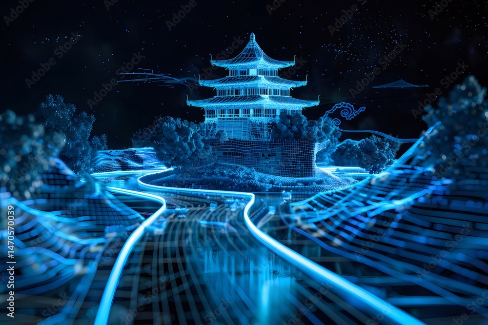 Aufkleber 青いデジタル パゴダ と 木々 が ある 抽象 的 な 未来 的 風景 の 夜景