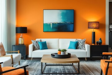 Modern living room with vibrant orange walls, a white sofa, teal accents, and a stylish abstract art piece