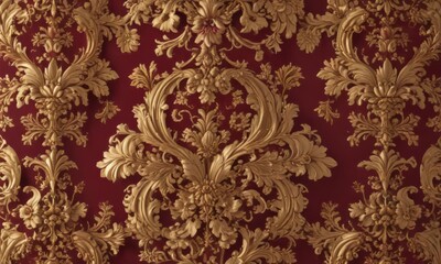 Burgundy & gold floral baroque wallpaper  Intricate scrollwork, luxurious design , background, rich