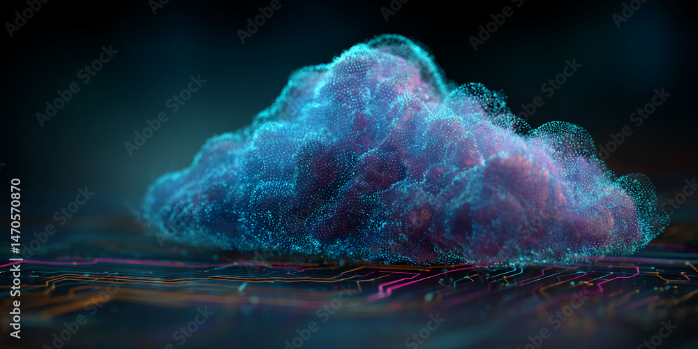 Poster abstract cloud of glowing particles over circuit board, representing digital technology, data storag