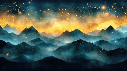 Naklejka premium Misty mountains at sunset, illuminated by countless glowing lights in the sky, creating a magical, serene atmosphere